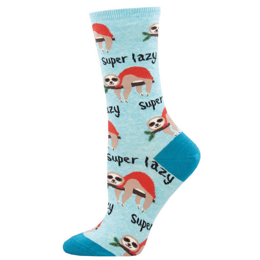 A pair of blue cotton crew socks with a pattern featuring text 'Super lazy' and images of sloths.