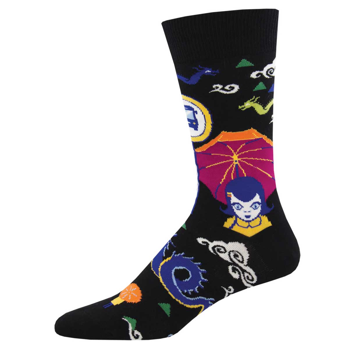 A black crew sock with a variety of colorful geometric and character patterns.