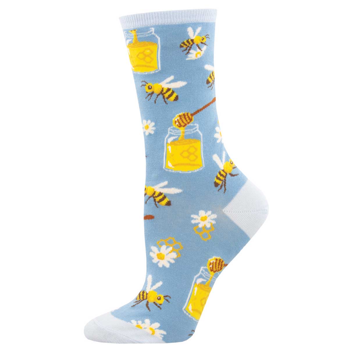 A pair of blue cotton crew socks with a pattern of bees, honey jars, and daisy flowers.