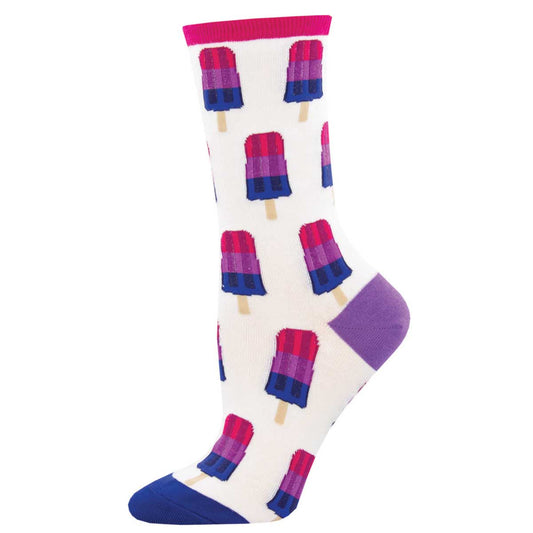 A pair of white crew socks with a pattern of colorful popsicles, featuring pink and blue tones.