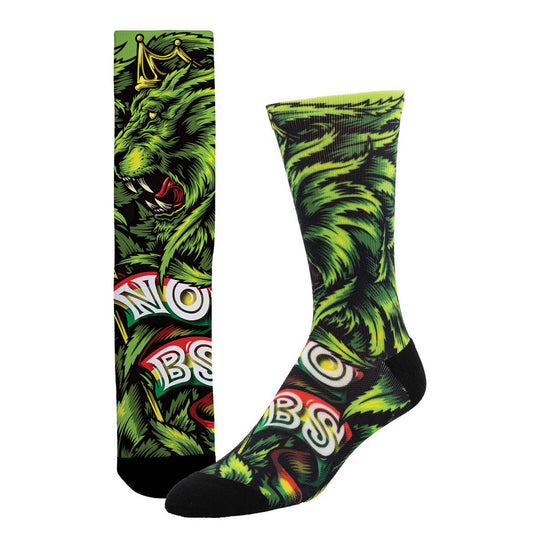 A pair of colorful 3D printed socks featuring a lion design with green tones and text elements.