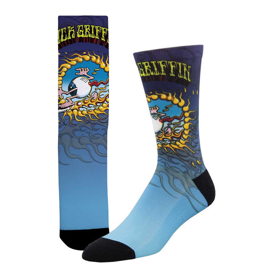 A pair of crew socks featuring a 3D printed design with a surfing eyeball motif and the signature of artist Rick Griffin.