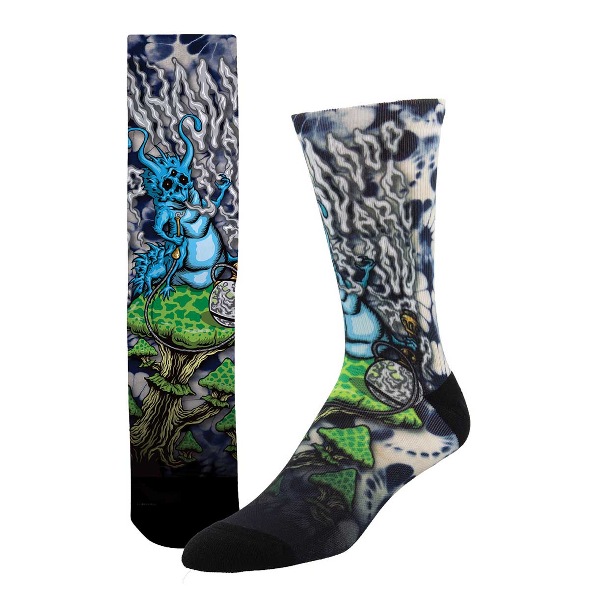 A pair of socks featuring a 3D printed design with an Alice in Wonderland caterpillar smoking a bong imagery and a fantasy-themed pattern.