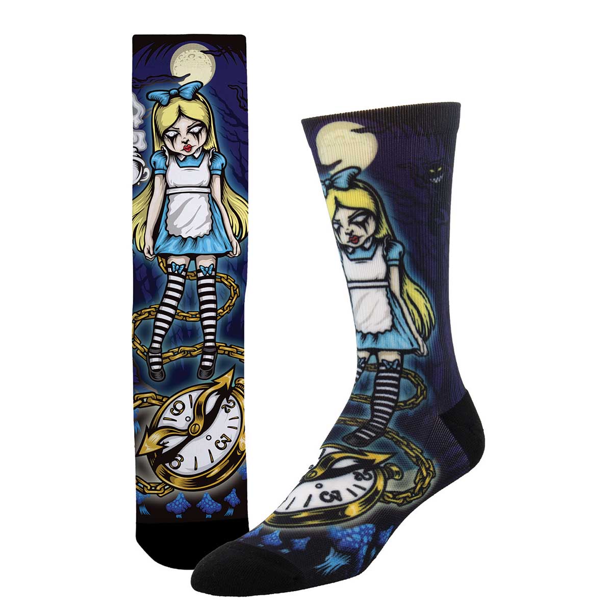 A pair of socks featuring a character illustration of Alice from Alice in Wonderland, with a clock and a Cheshire Cat, set against a dark background.