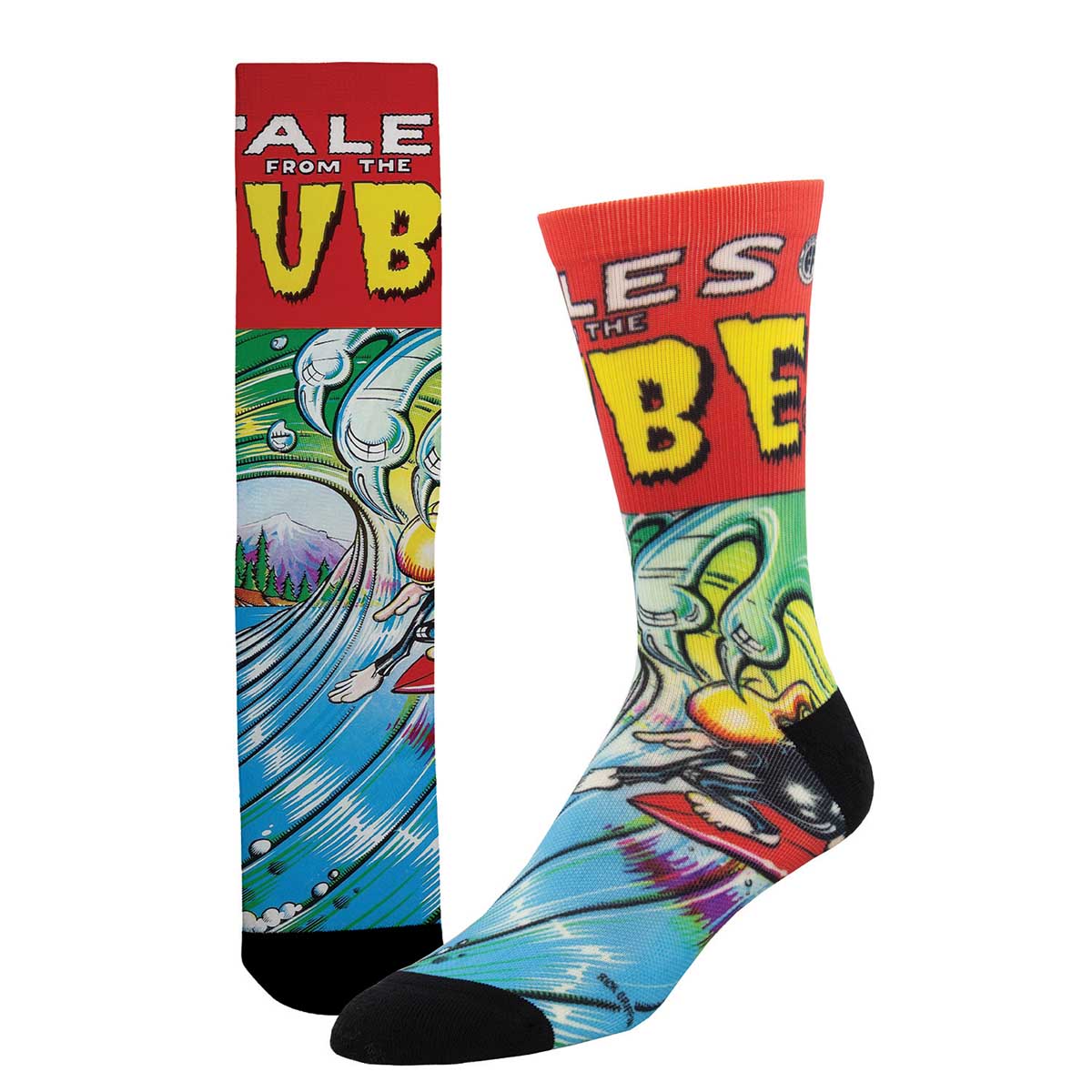 A pair of 3D printed socks featuring colorful character artwork.