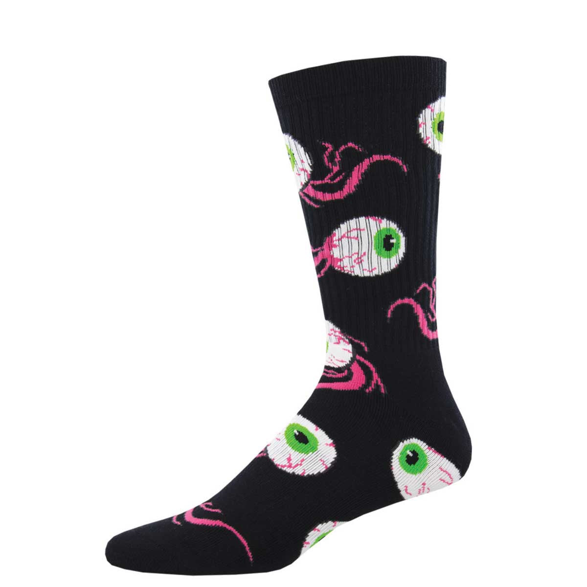 A pair of black crew socks with a geometric pattern featuring eyes in red and pink colors.