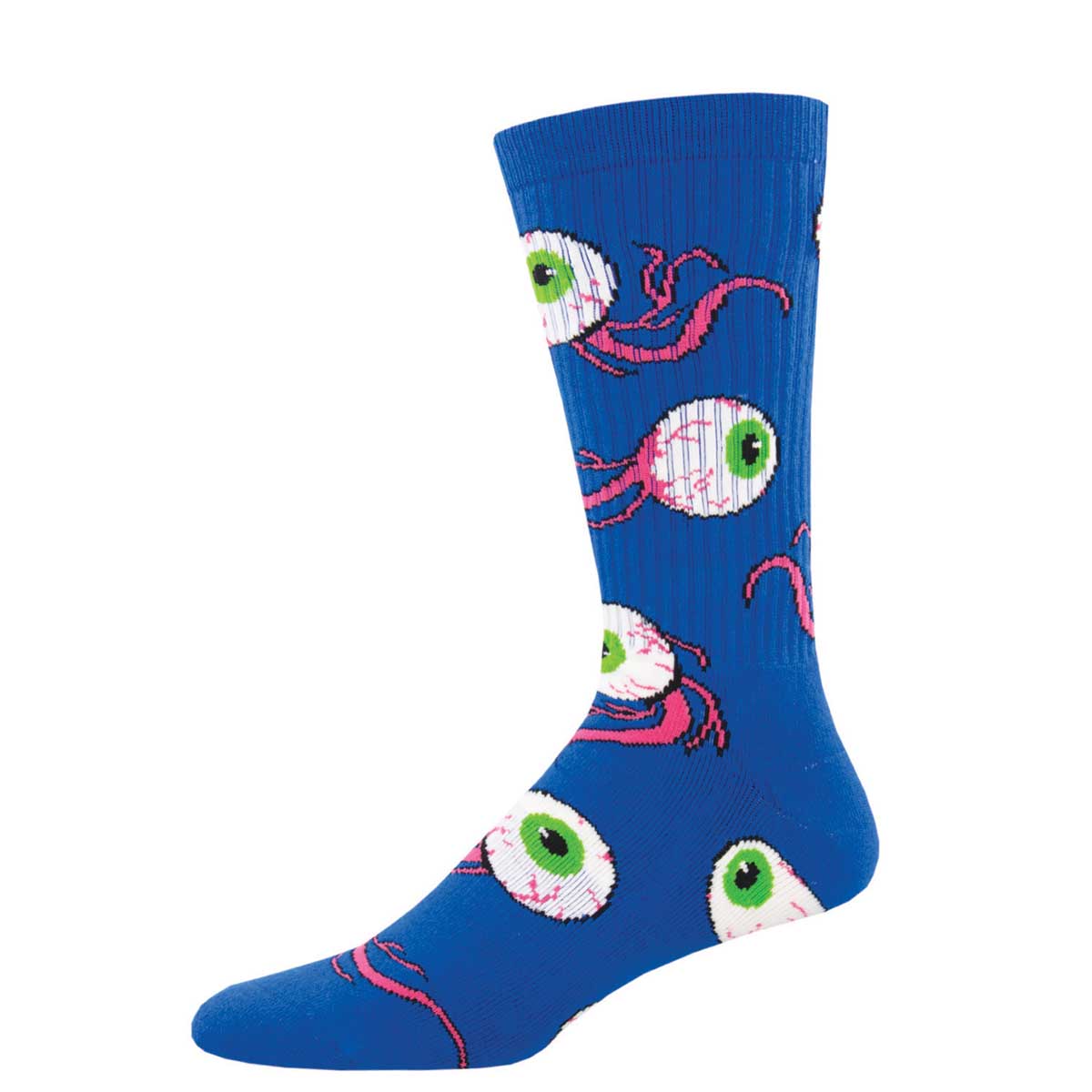A pair of blue crew socks with a geometric pattern featuring eyes in red and pink colors.