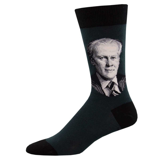 A pair of crew socks featuring a portrait of Gerald Ford.