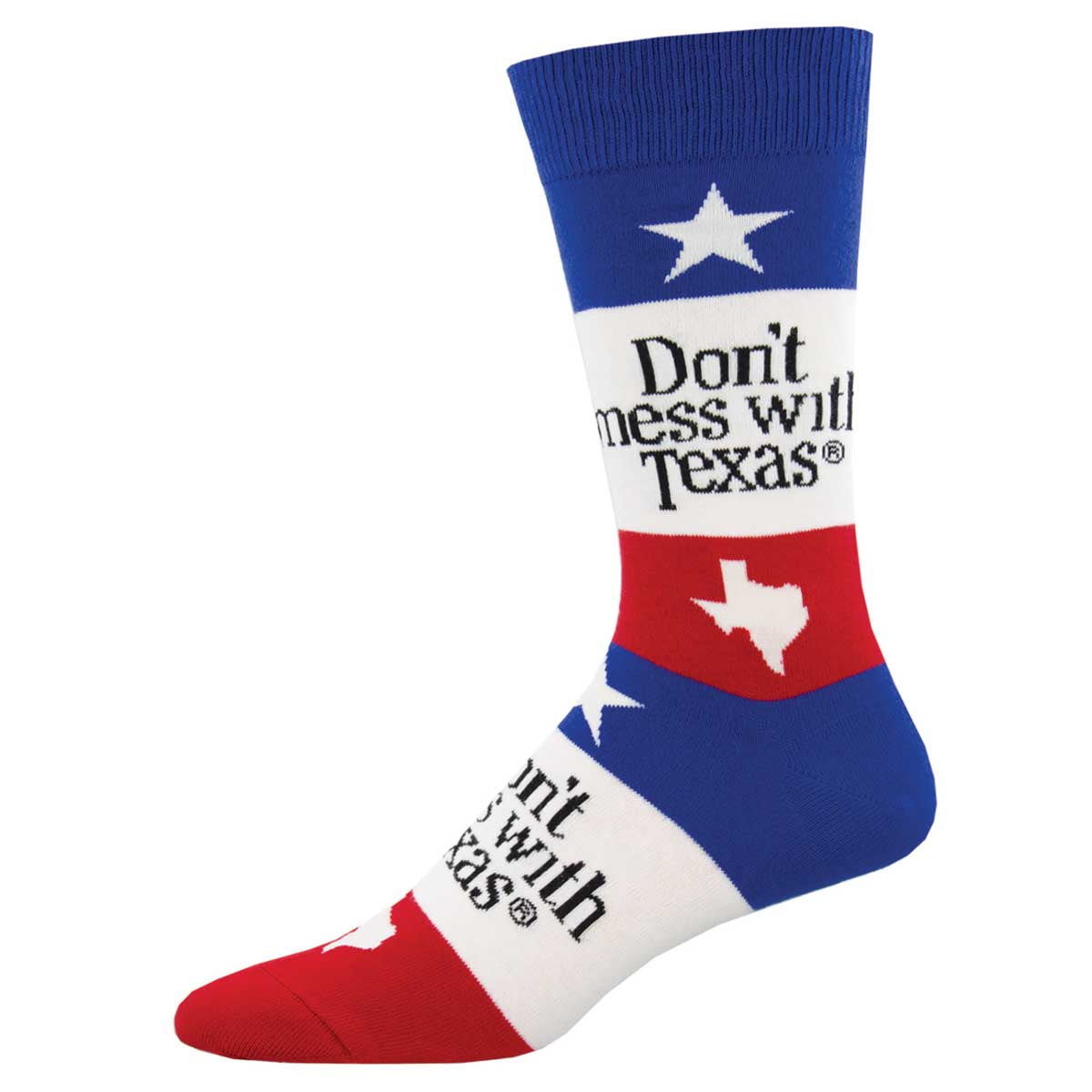 A pair of socks with the 'Don't mess with Texas' slogan and the Texas state flag colors and design.