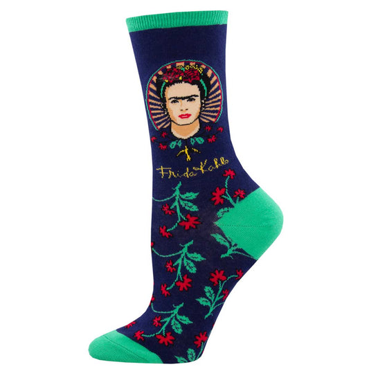 A pair of colorful crew socks featuring a portrait of Frida Kahlo surrounded by floral patterns.