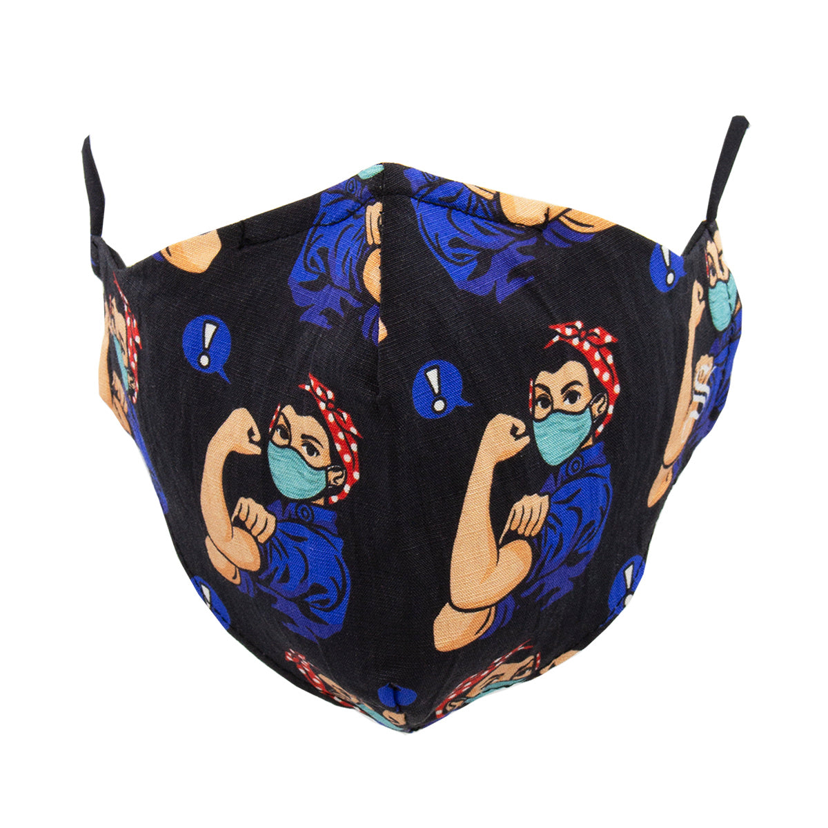 A fabric face mask with a pattern featuring an illustration of a woman flexing her muscles, reminiscent of the 'We Can Do It!' iconic image.