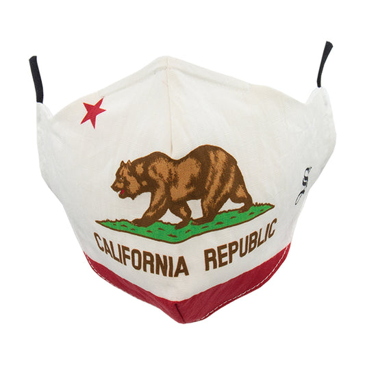 A fabric face mask with the design of a bear and the text 'California Republic', predominantly in beige color with red and green accents.