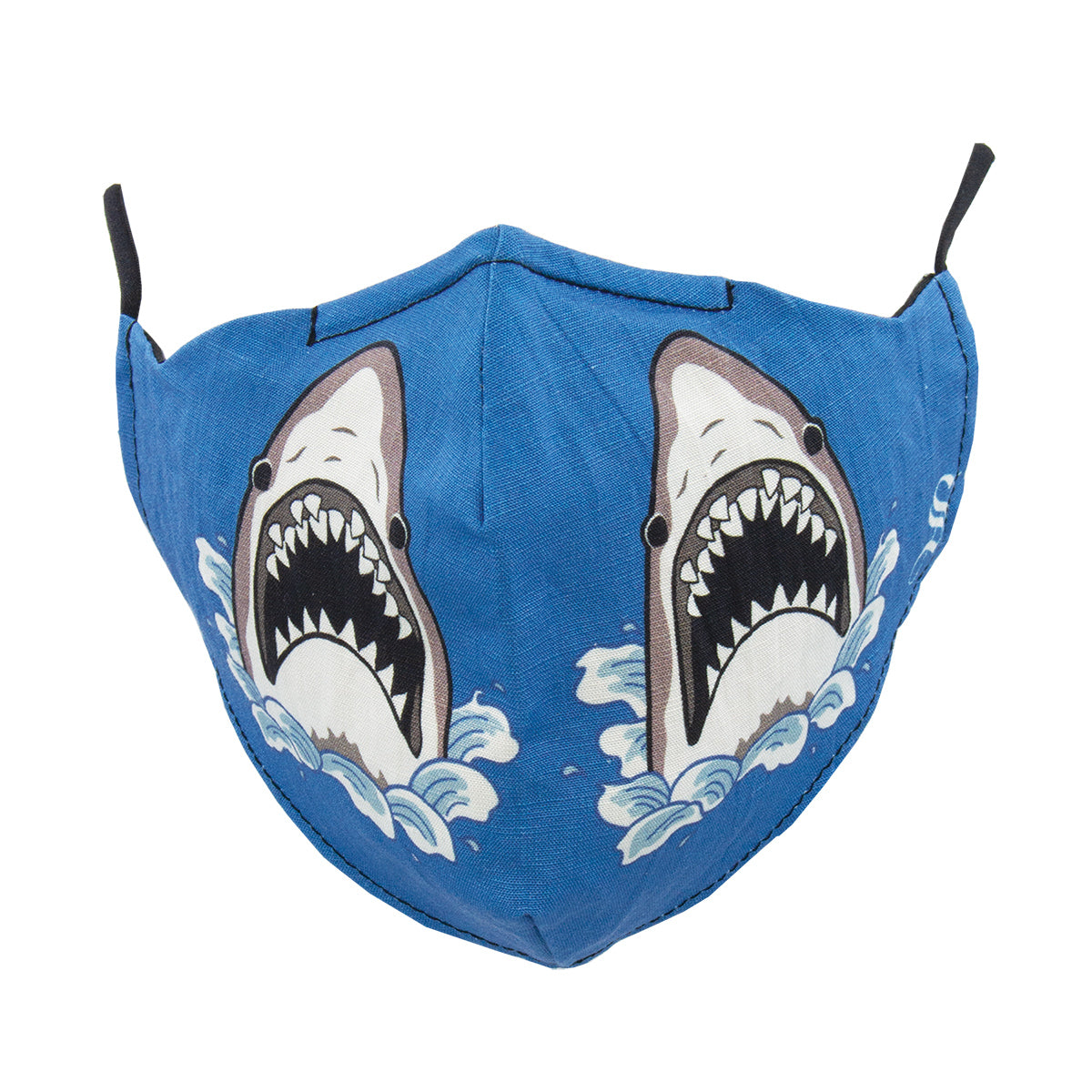 A blue fabric face mask with a graphic of two sharks in white and gray.