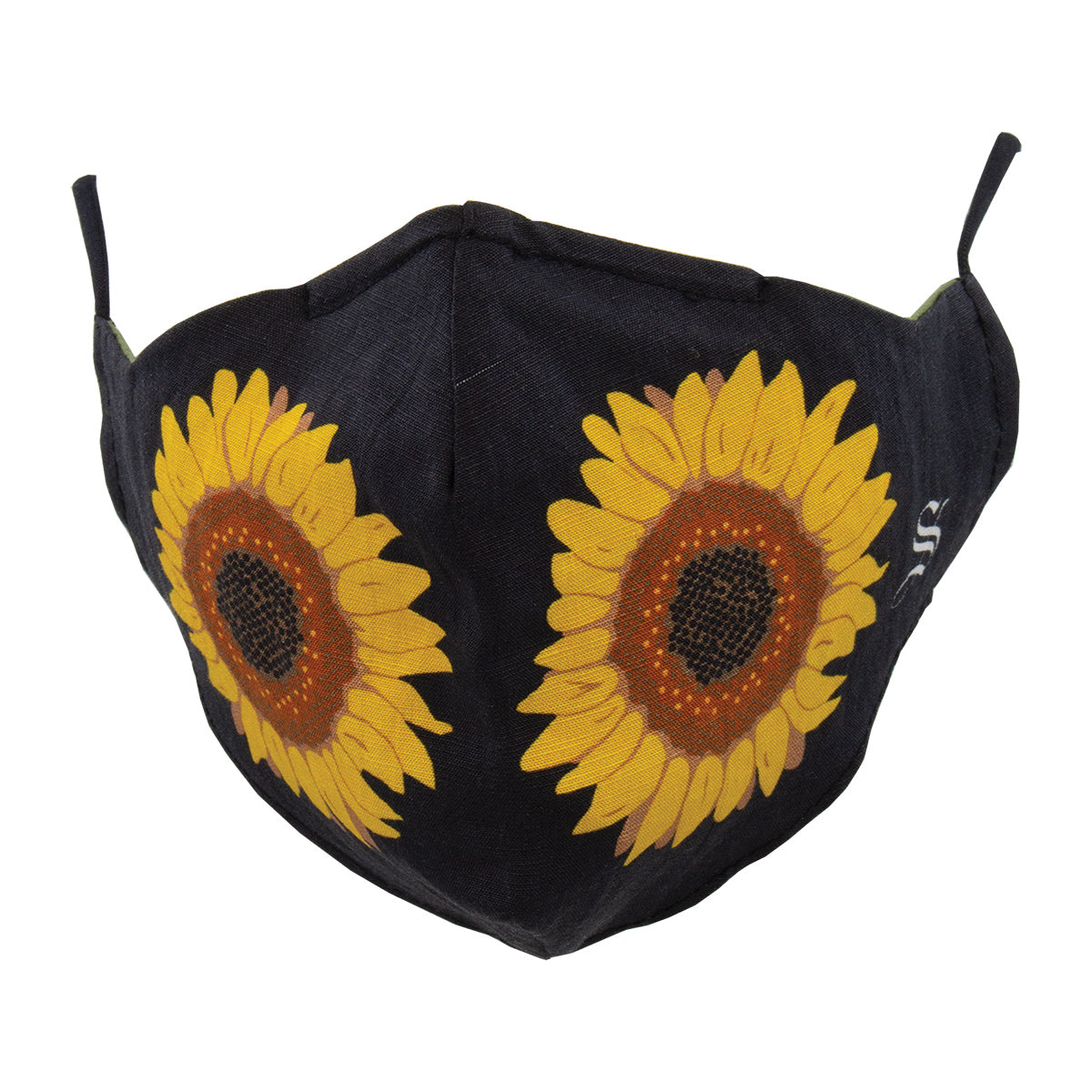 A black fabric face mask with a large sunflower print on the front, featuring adjustable ear loops and a metal strip across the nose bridge.