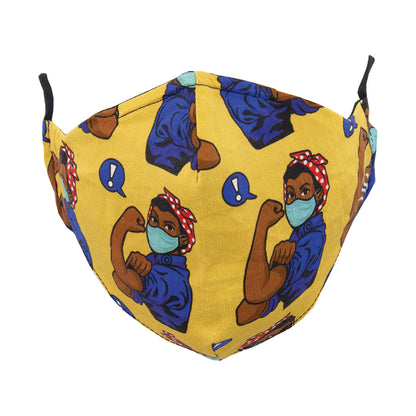 A fabric face mask with a pattern featuring an illustration of a woman flexing her muscles, reminiscent of the 'We Can Do It!' iconic image.