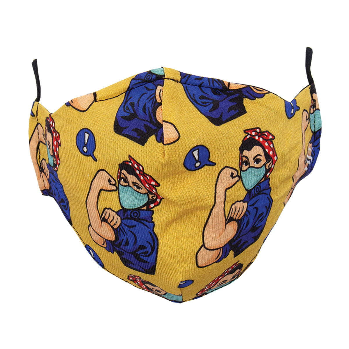 A fabric face mask with a pattern featuring an illustration of a woman flexing her muscles, reminiscent of the 'We Can Do It!' iconic image.