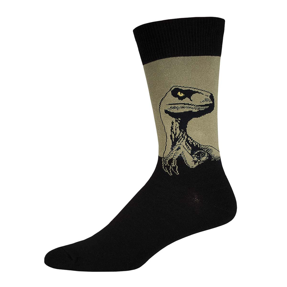 A pair of crew socks featuring an army  green velociraptor design on a black background.