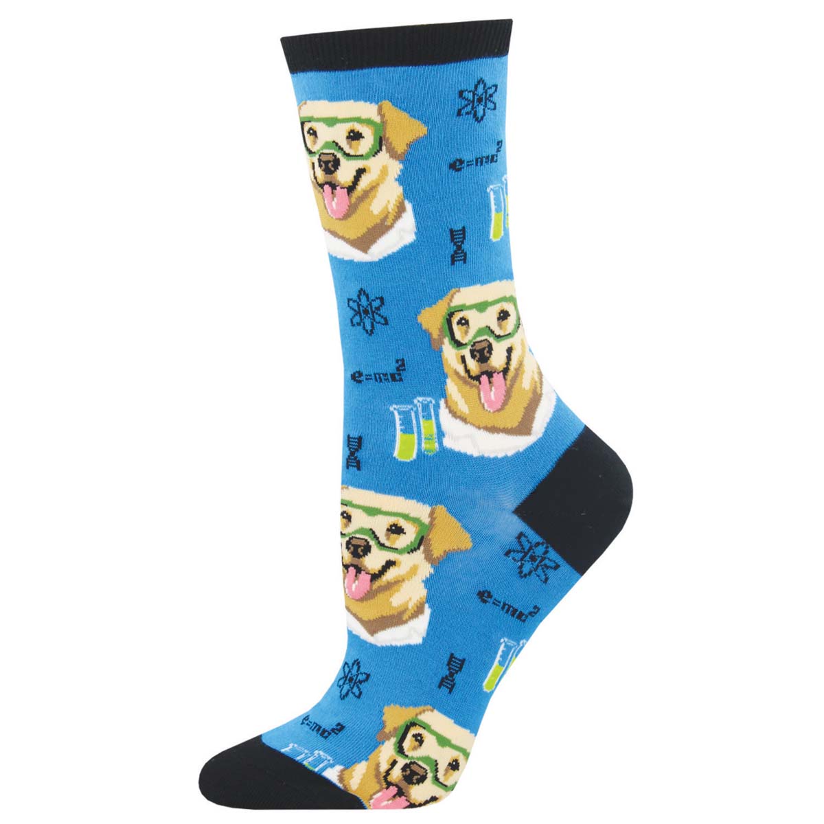 A pair of blue crew socks with a pattern featuring a laboratory-themed dog wearing goggles and beakers. 'Science Lab!'