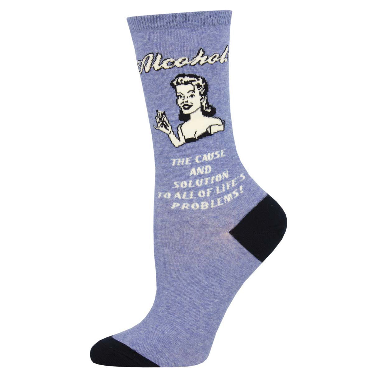 A pair of blue cotton crew socks with the word 'Alcohol' and a retro cartoon illustration printed on the leg. Text reads: The cause and solution to all of lives problems!