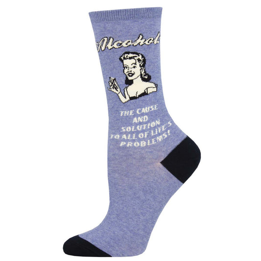 A pair of blue cotton crew socks with the word 'Alcohol' and a retro cartoon illustration printed on the leg. Text reads: The cause and solution to all of lives problems!