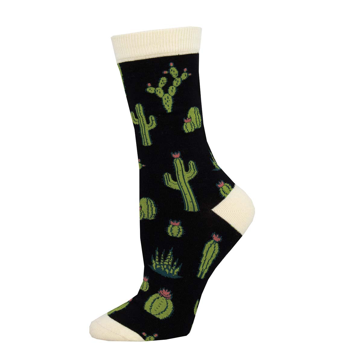 A pair of socks with a pattern of green cacti on a black background with white at the heel and toe.