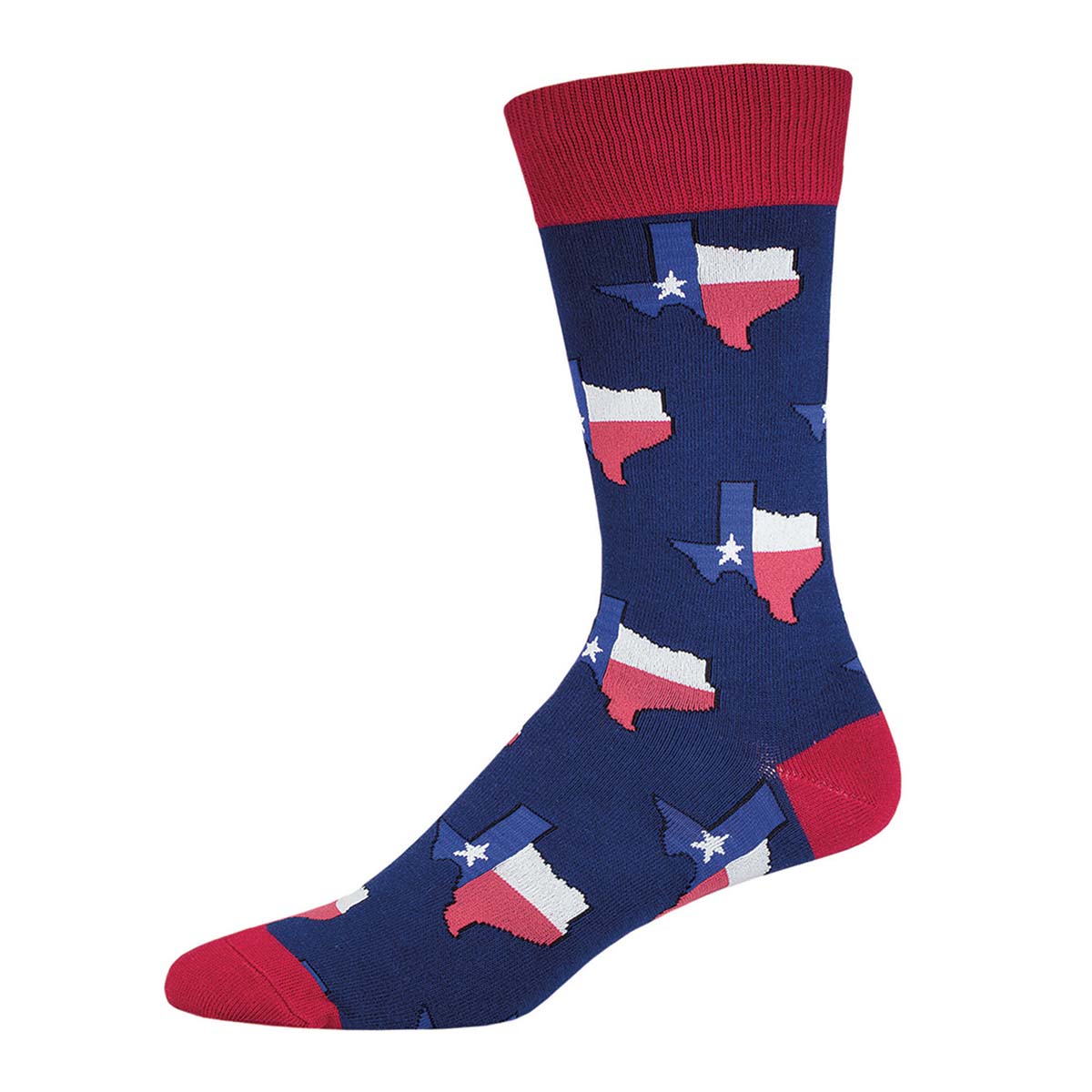 A pair of blue cotton crew socks with red accents and a pattern featuring the state of Texas and the Texas State flag.