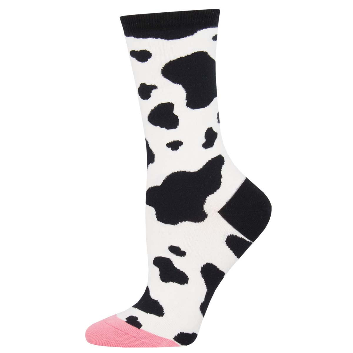 A single cow patterned sock with the heel visible, predominantly white with black spots, and a pink heel.