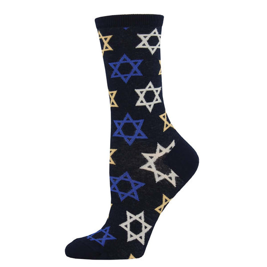 A pair of navy crew socks featuring the Star of David in three complementing colors.