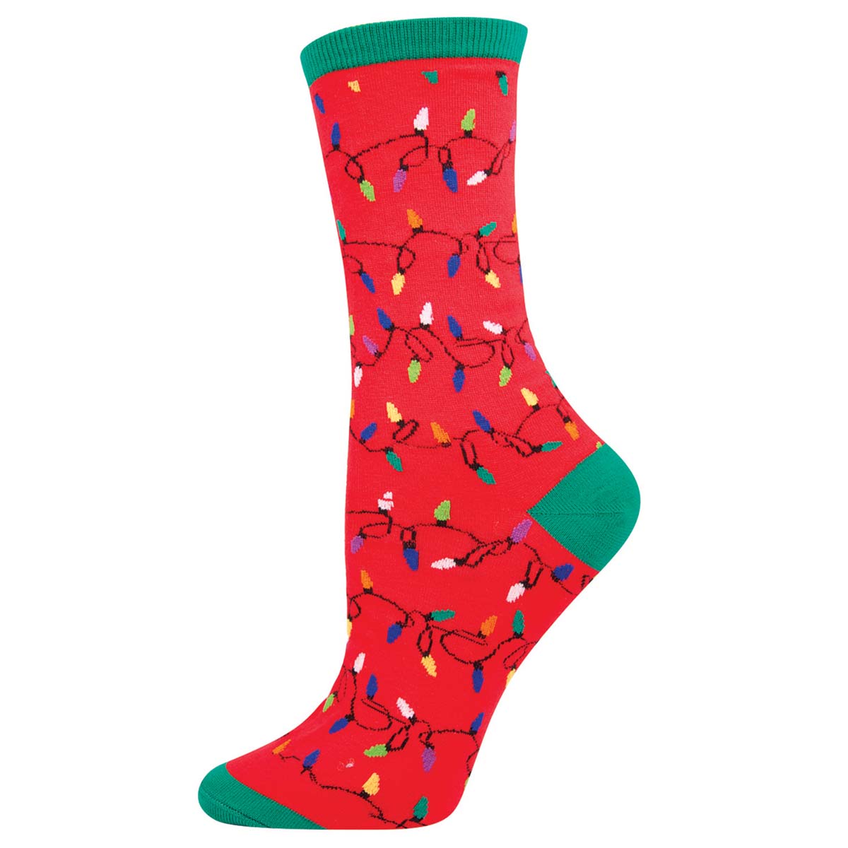 A pair of green Christmas socks with a pattern of colorful holiday lights and red trim.