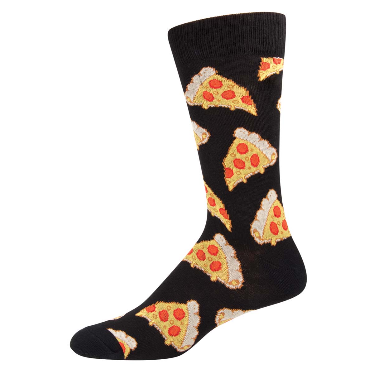 A black sock with a pattern of pepperoni pizza slices.