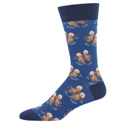 Men's Cotton Crew Socks - Cute Otters Holding Hands Design - Blue - Socksmith