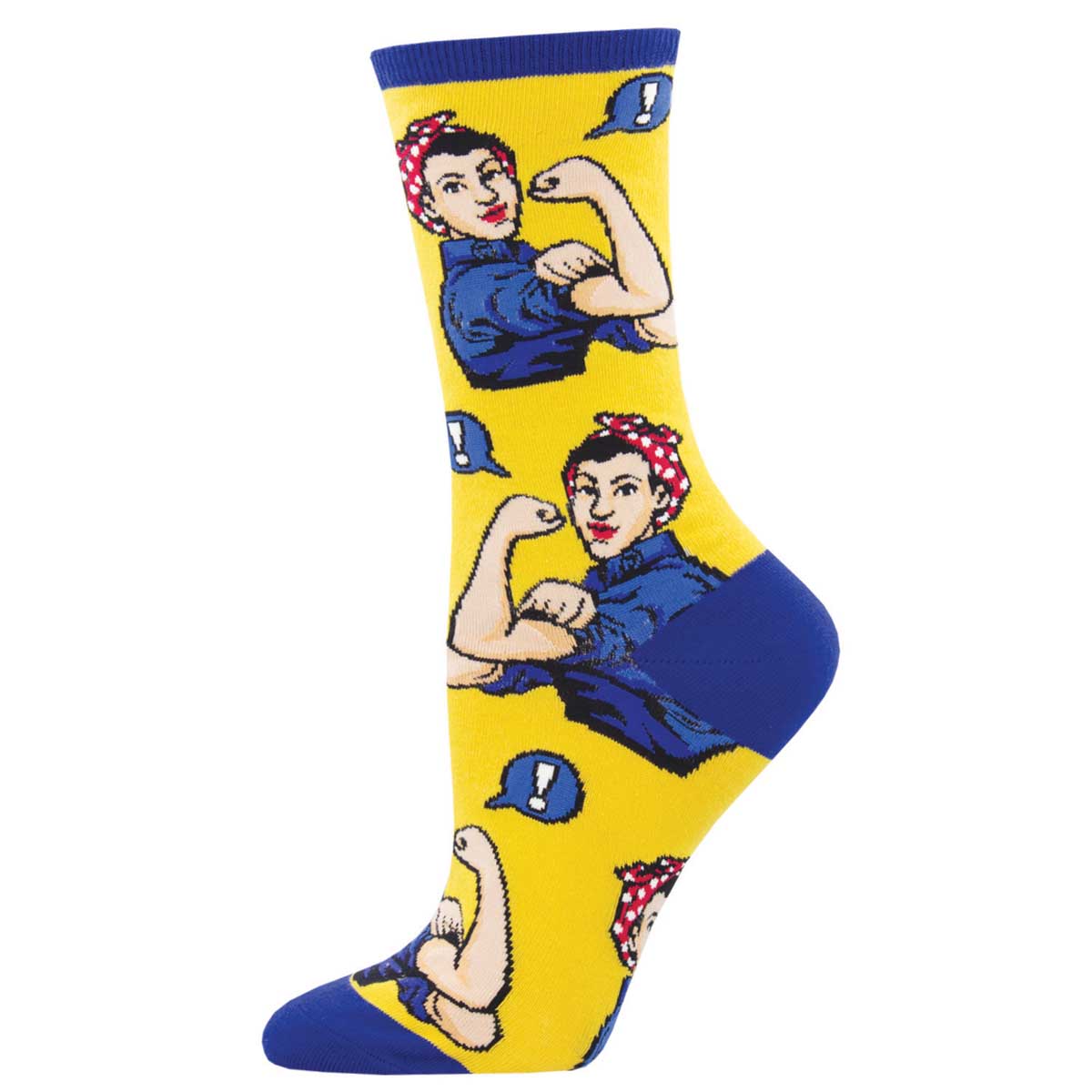 Women's Cotton Crew Socks - Rosie the Riveter with White Skin Motif - Yellow and Blue - Socksmith