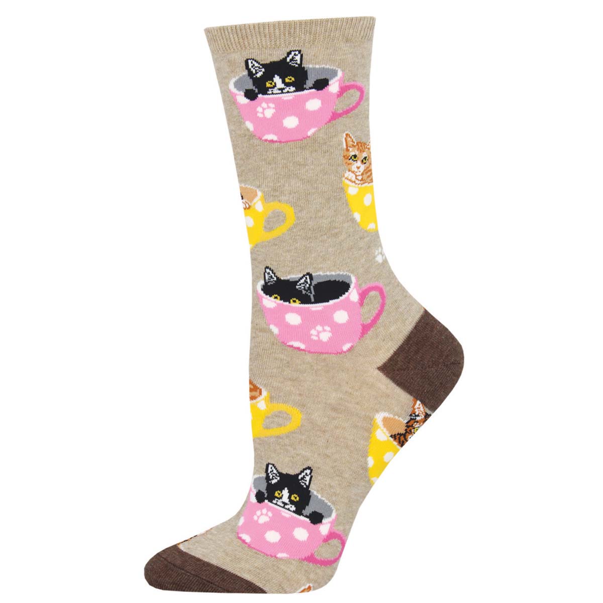 Women's Cotton Crew Socks - Cute Cats in Teacups Design - Brown - Socksmith
