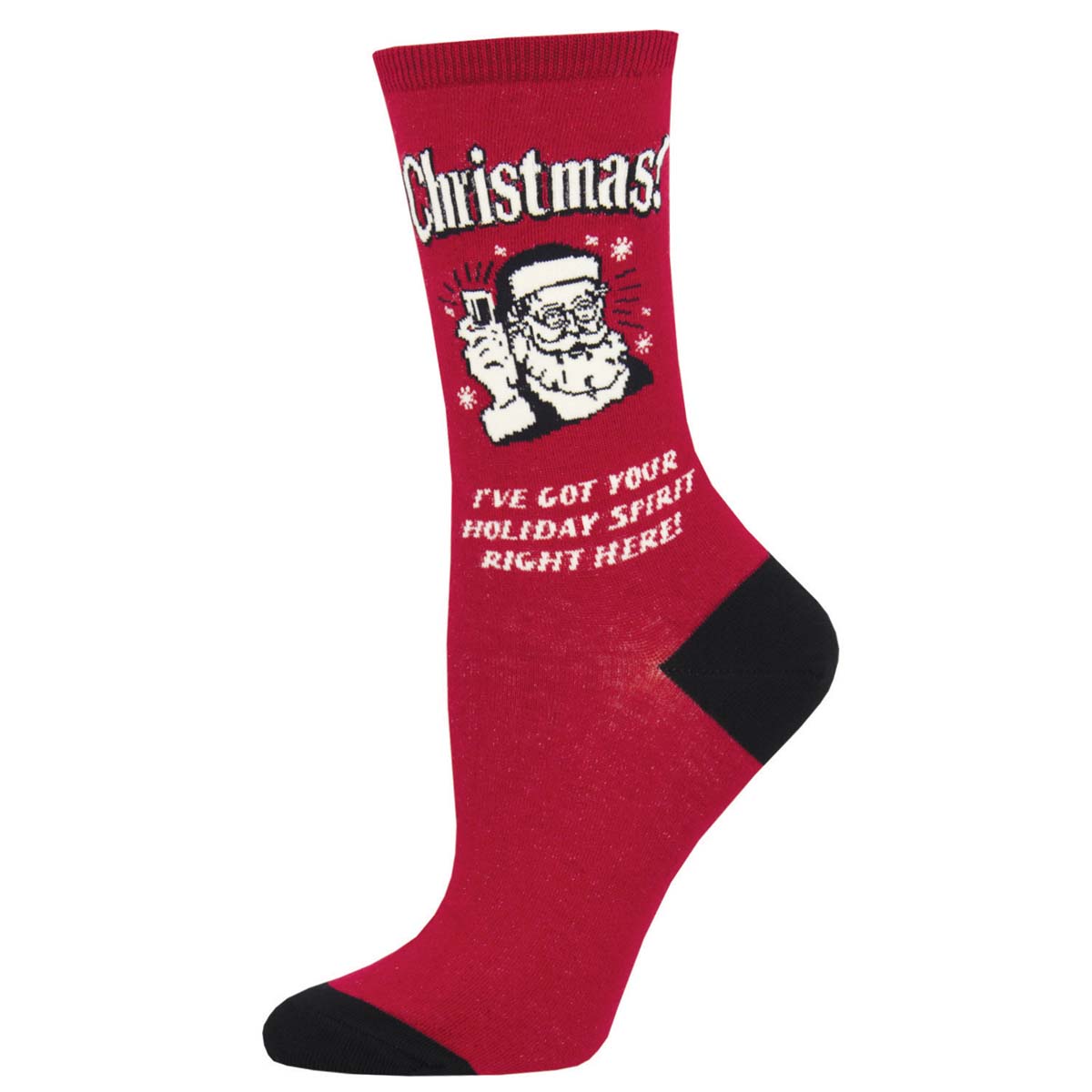 A red and black crew sock with a Christmas-themed design featuring Santa Claus and the text 'Christmas! I've got your holiday spirit right here!'.