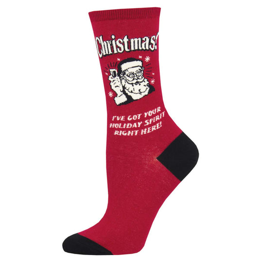 A red and black crew sock with a Christmas-themed design featuring Santa Claus and the text 'Christmas! I've got your holiday spirit right here!'.
