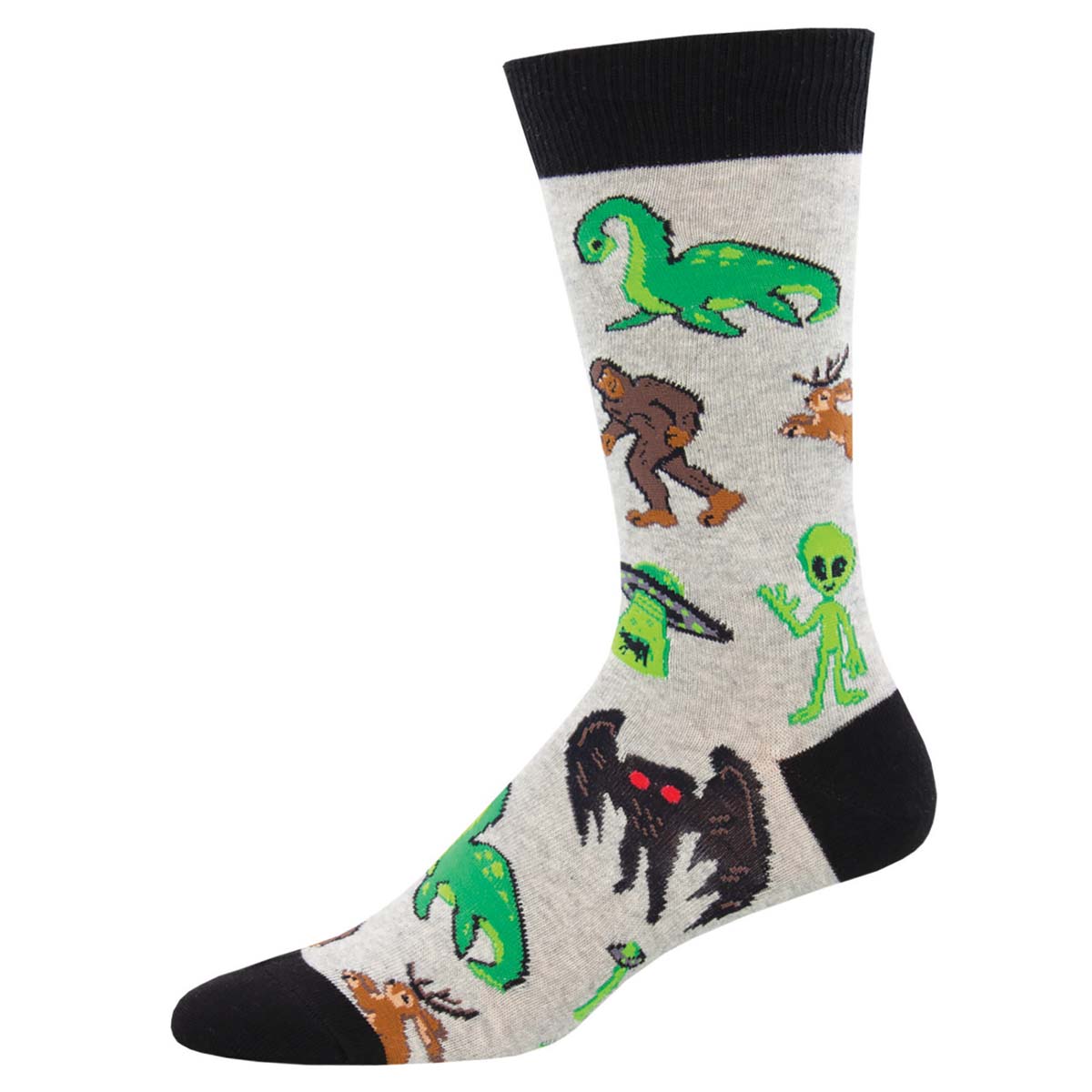 A pair of gray crew socks with various colorful mythical creature designs, including a green Loch Ness monster, a Bigfoot, and an alien.