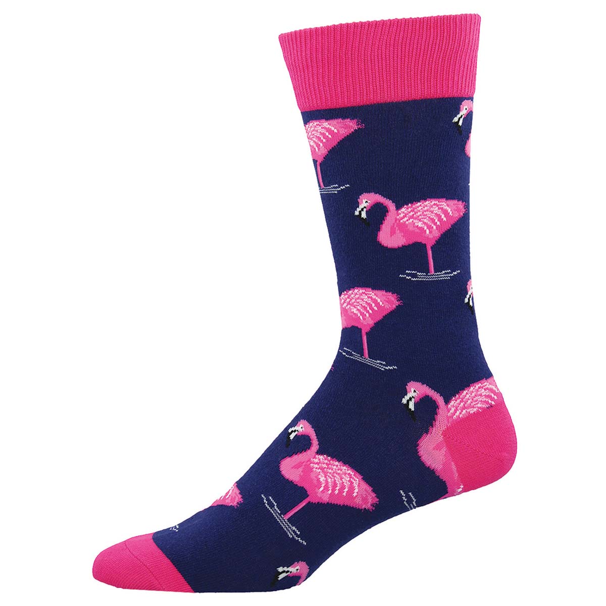 A pair of colorful crew socks featuring pink flamingos on a navy background with bright pink cuffs.