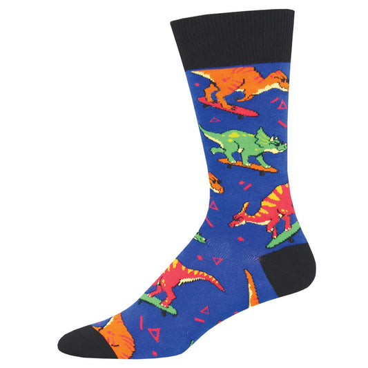 A pair of colorful crew socks featuring various dinosaurs and skateboard motifs on a blue background.