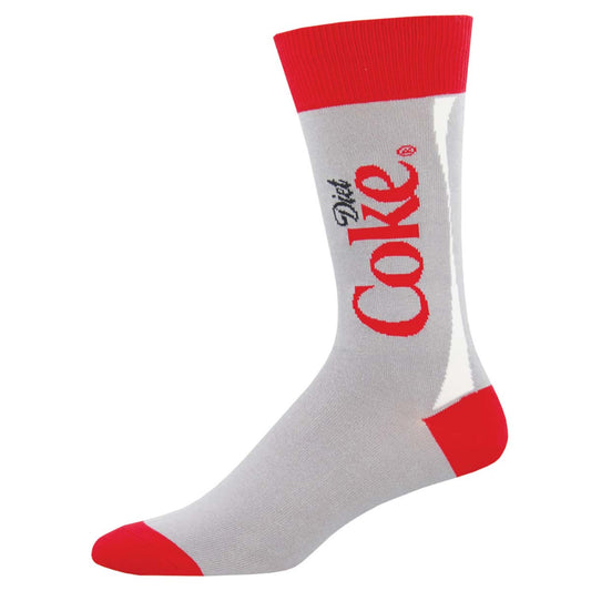 A pair of gray crew socks with red trim and the 'Diet Coke' logo in red on the side.