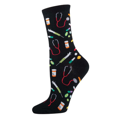 A black crew sock with a variety of colorful pill designs and medical imagery, such as stethoscopes and laboratory flasks.
