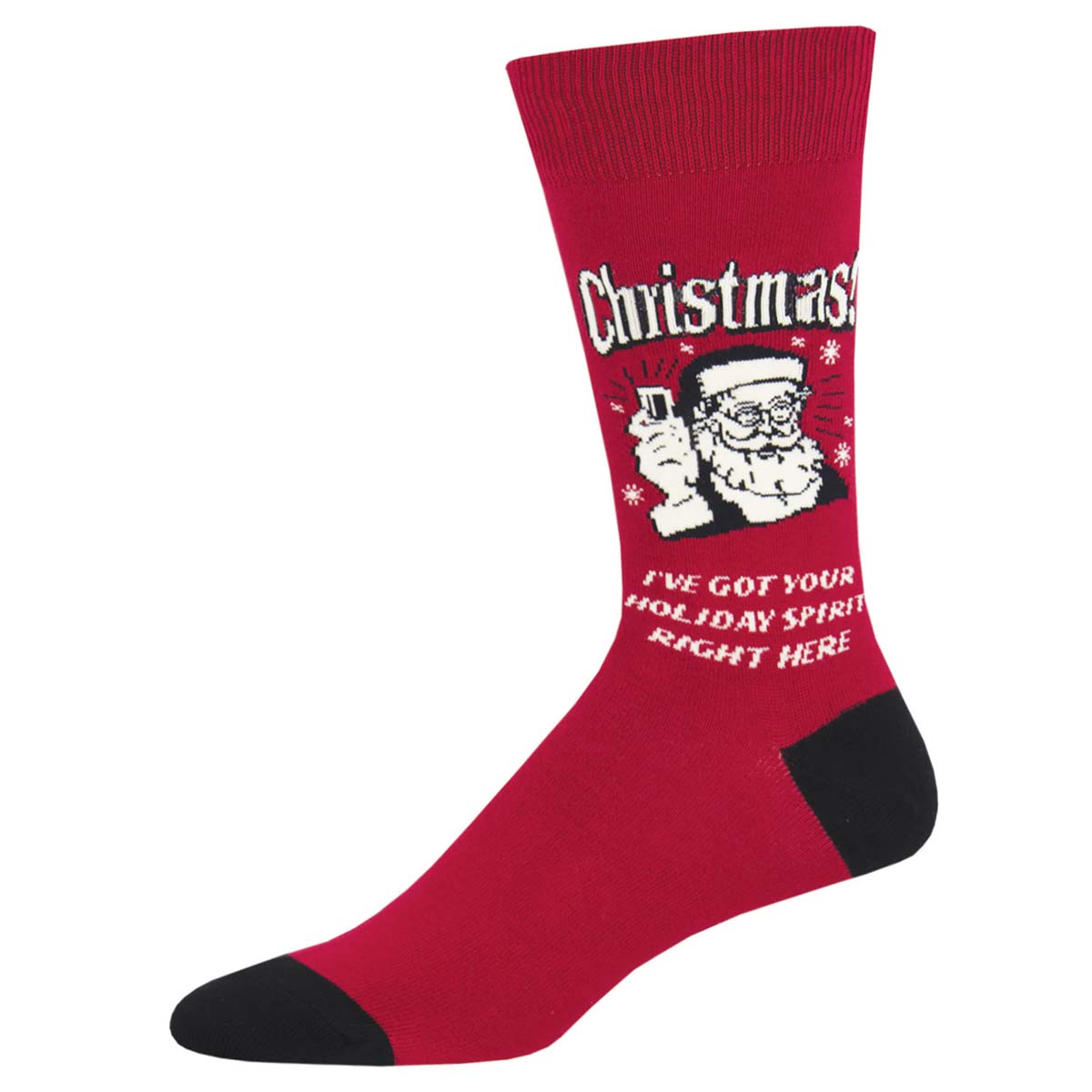 A green crew sock with black trim featuring a Christmas-themed graphic that includes the text 'Christmas' and an illustration of Santa Claus.