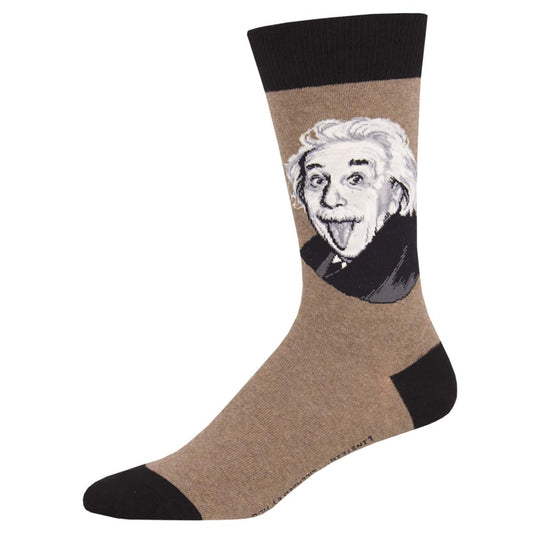 A pair of socks with a portrait of Albert Einstein printed on the upper part, predominantly in brown color with black trim at the top and bottom.