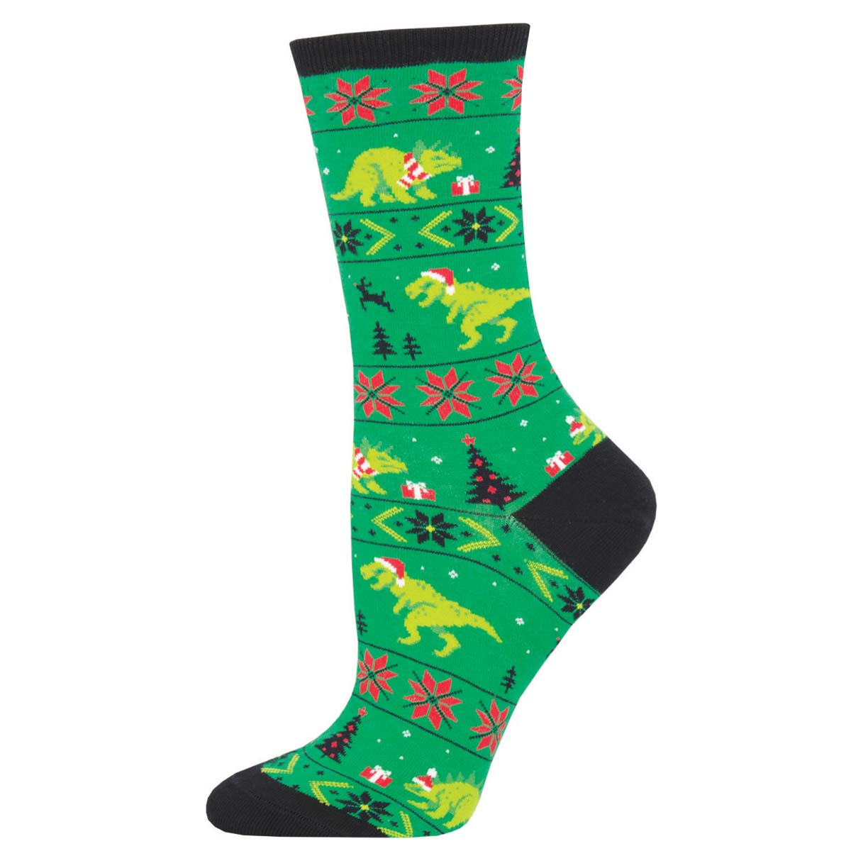 A pair of green crew socks with a pattern of dinosaurs in Santa hats, snowflakes, and Christmas trees.