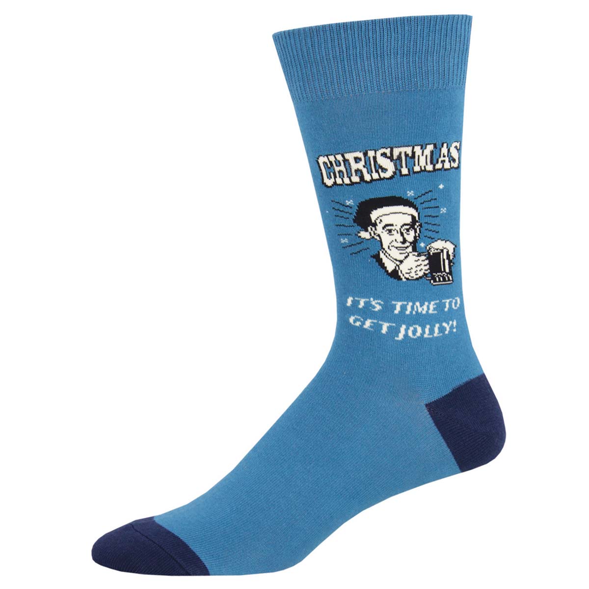 A blue sock with retro Christmas design and text 'CHRISTMAS IT'S TIME TO GET JOLLY!' featuring an illustration of a character holding a mug.