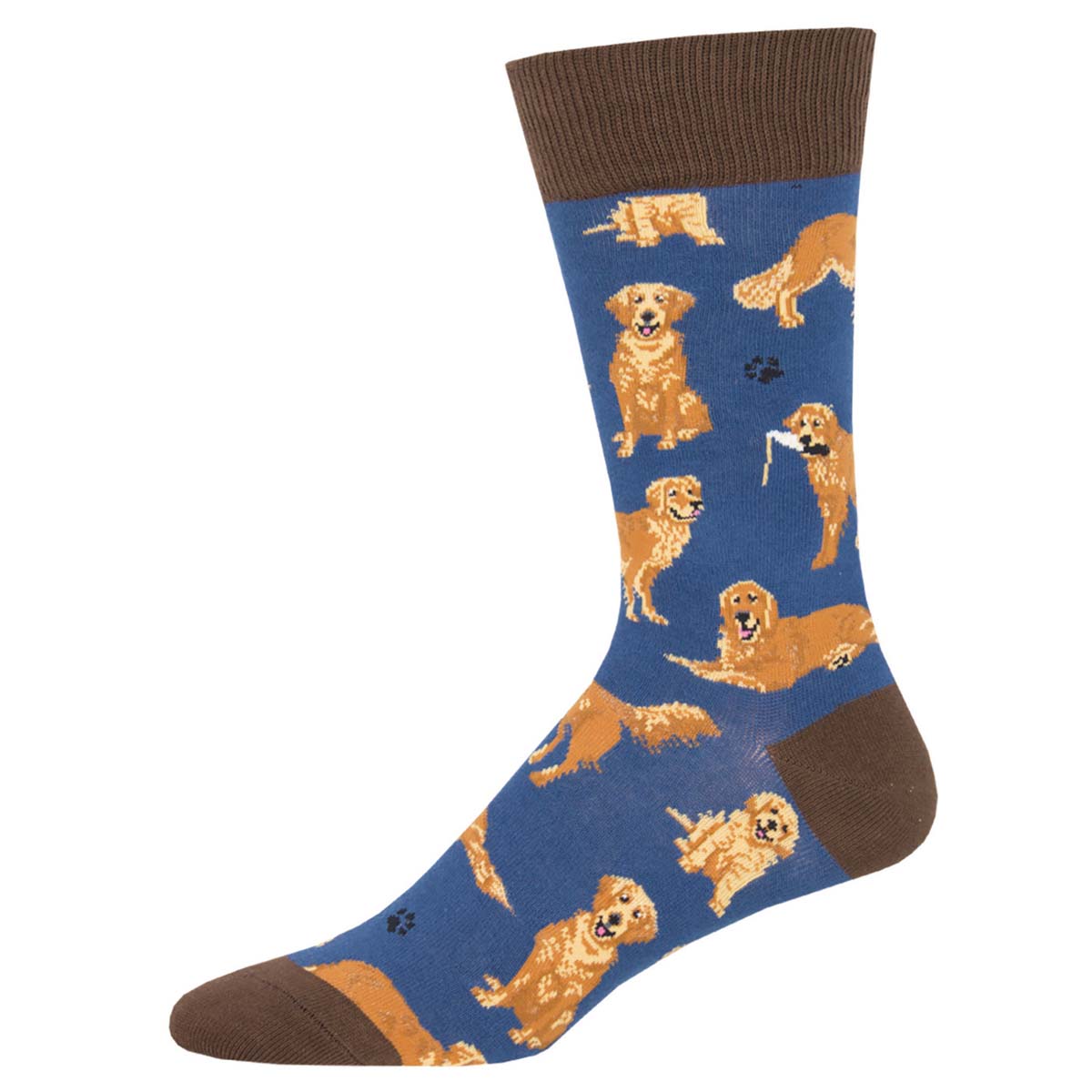 A pair of crew socks with a pattern of golden retrievers on a blue background with brown cuffs.