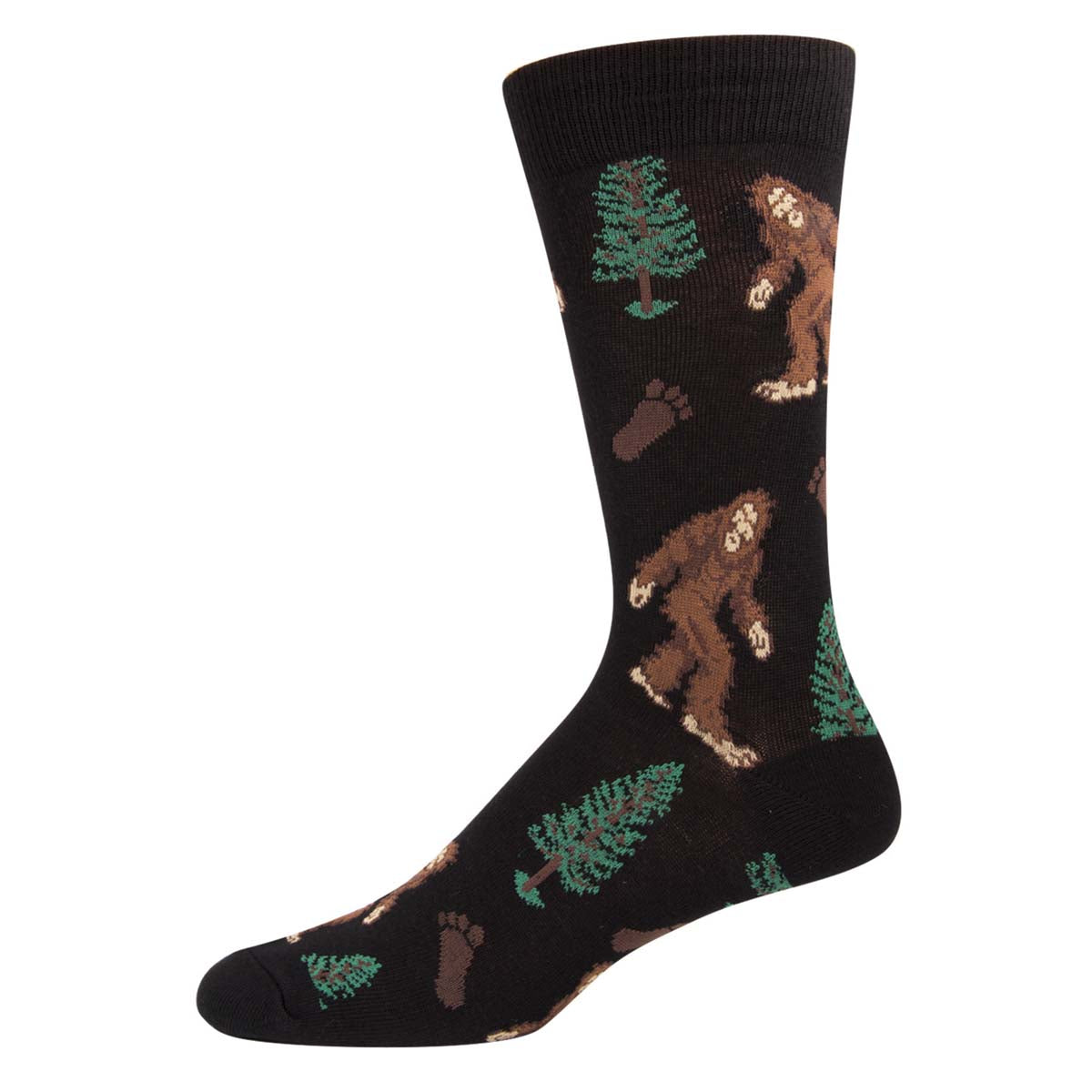 Men's Cotton Crew Socks - Bigfoot Design with Trees and Footprints - Black - Socksmith