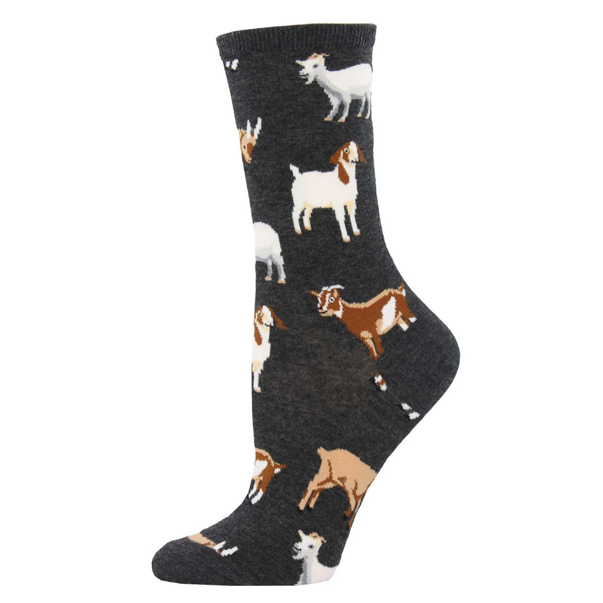 A pair of charcoal grey crew socks with a pattern of various goats in different shades of white and brown.
