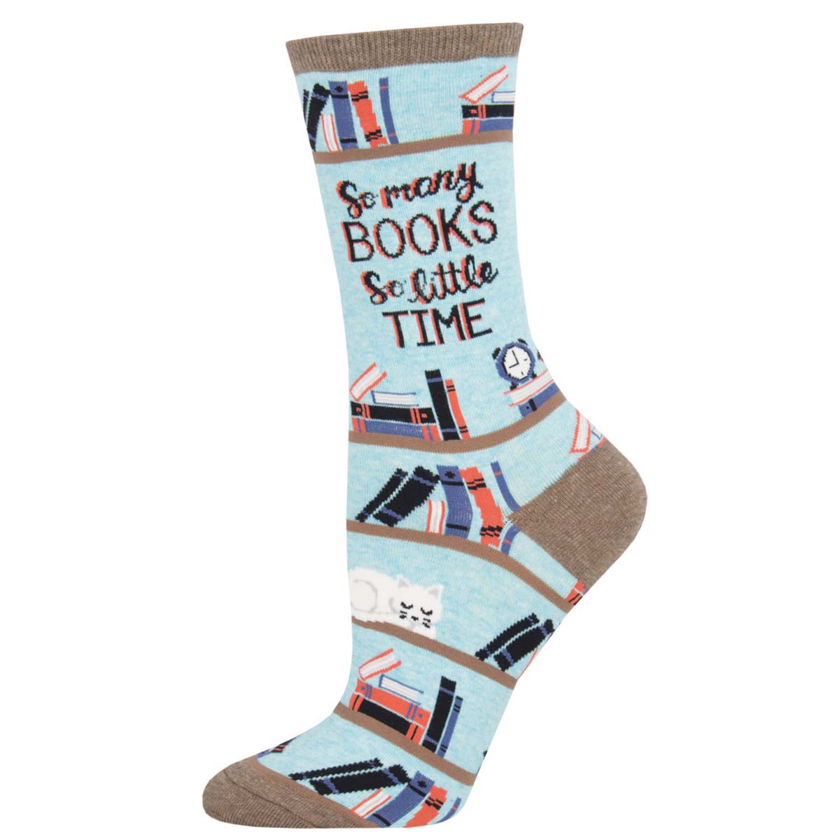 A pair of cotton crew socks with a pattern of books and the phrase 'So many BOOKS So little TIME' printed on them, predominantly light blue with beige accents.