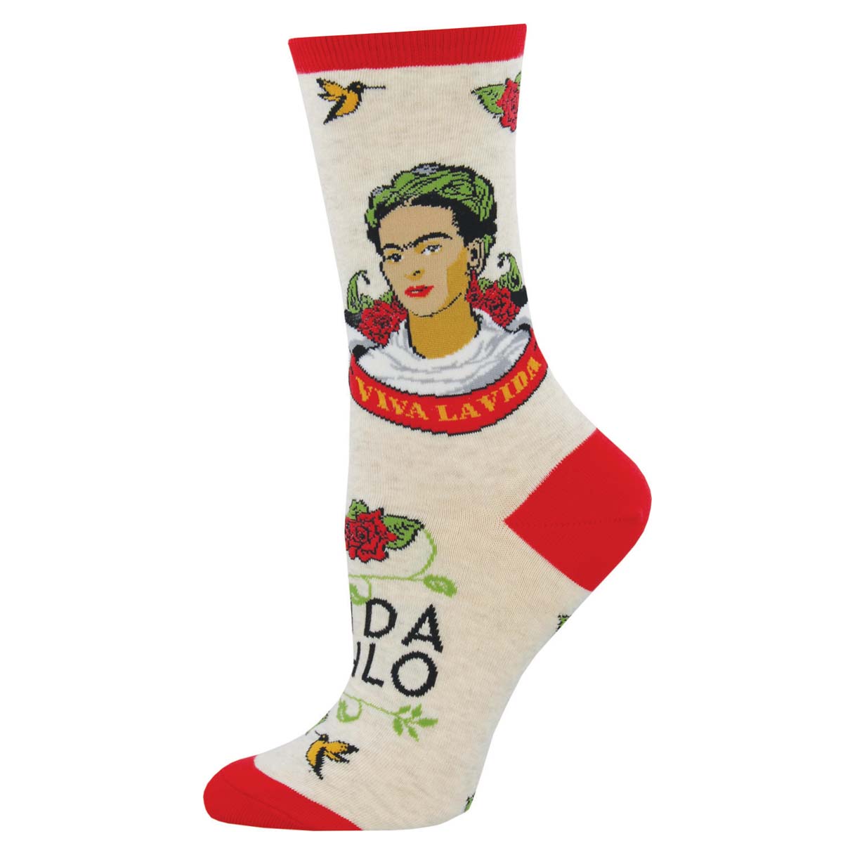 A pair of cotton crew socks featuring a portrait of Frida Kahlo with the text 'Viva La Frida' on an ivory heathered background.