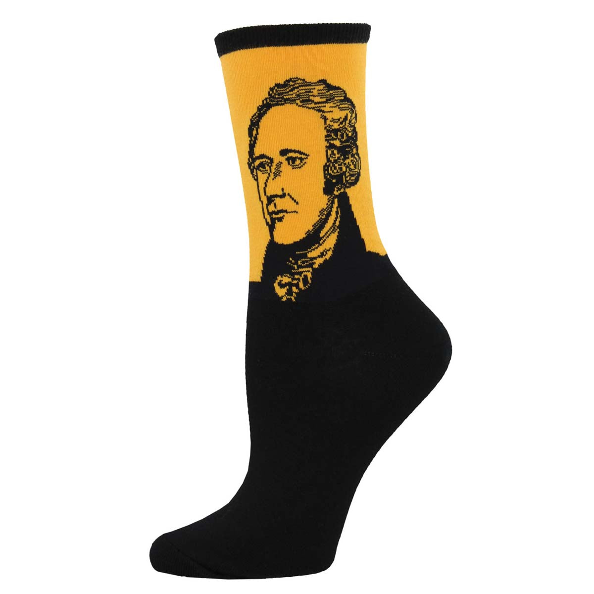 A black crew sock with a portrait of Alexander Hamilton in yellow on the upper part.